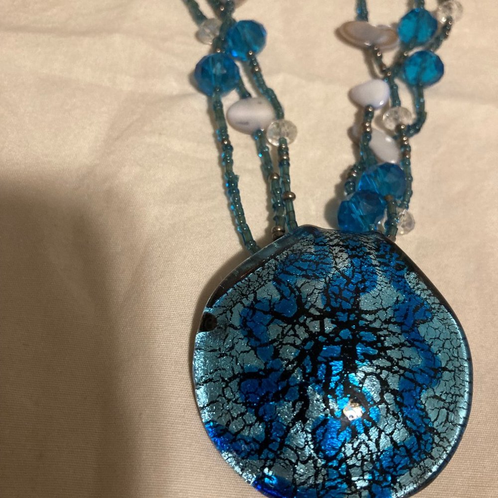Blue Design Necklace with beaded chain